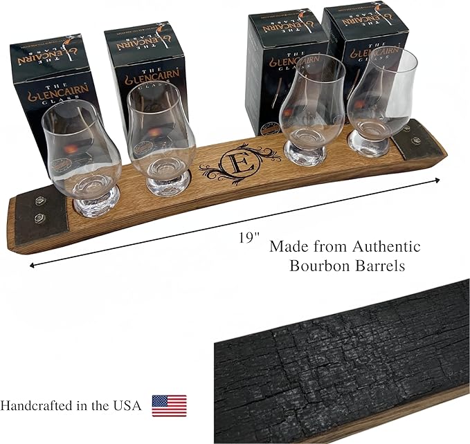 Personalized Premium 4 Glass Whiskey Flight/Engraved Center/Personalized Gift/Crystal Glass Option/Natural Oak Color (Circle Flourish)