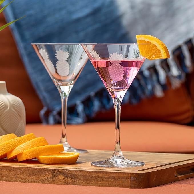 Rolf Glass Fresh Pineapple Martini Glass | Lead-Free Glasses | Proudly Made in the USA | Engraved Nautical Sailboat Martini Glasses | Set of 4