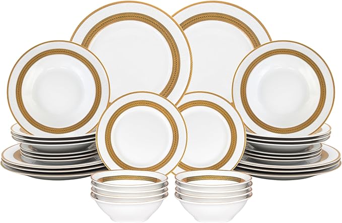 32 Piece Luxurious Dinnerware Sets – Service for 8 Plates and Bowls – White and Gold Rope Design Dish Set for Kitchen Table, Everyday Dining or Formal Use (Rope Gold)