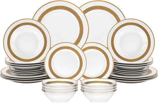 32 Piece Luxurious Dinnerware Sets – Service for 8 Plates and Bowls – White and Gold Rope Design Dish Set for Kitchen Table, Everyday Dining or Formal Use (Rope Gold)