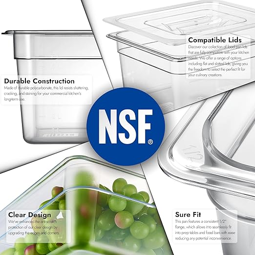 CURTA 6 Pack NSF Food Pans, Half Size 6 Inch Deep, Commercial Polycarbonate Plastic Clear Freezer-Safe