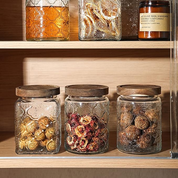Snminetal Vintage Glass Airtight Storage Jar Set of 4, With Airtight Wood Lid, Kitchen Food Storage Containers,for Kitchen Counter, Pantry, Tea, Sugar,Coffee,Food Storage Jar(Plum pattern)