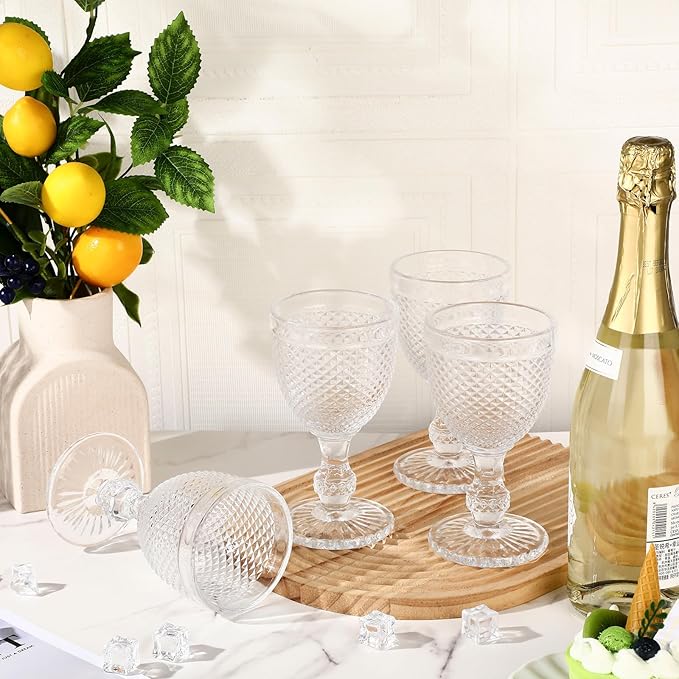 Bokon 6 Pack Clear Glass Goblets Set 10 oz High Clear Wine Glass Vintage Water Goblets Cups Embossed Diamond Design Glassware with Stem for Drinking Juice Liquor Party Wedding Bar