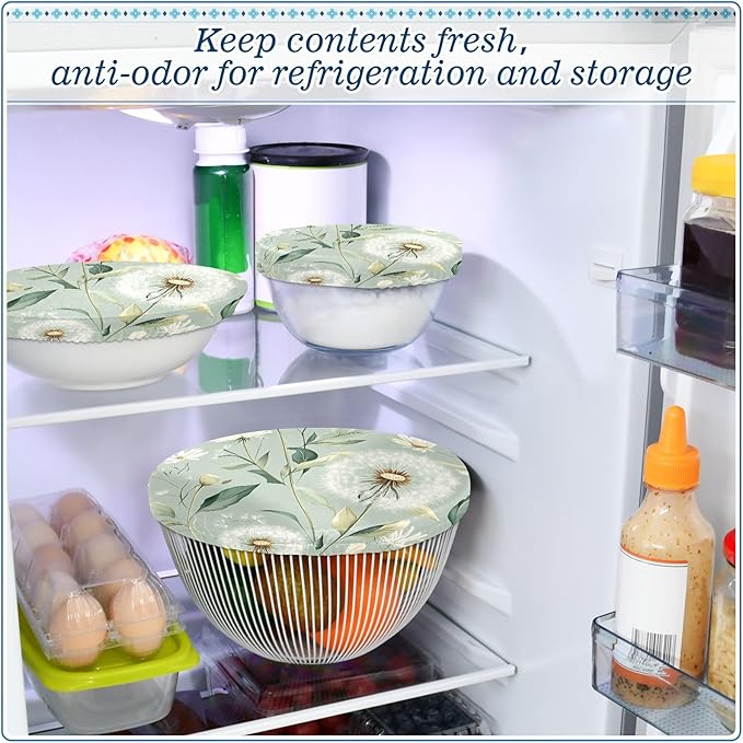 5 Pcs Bowl Covers Reusable in 5 Size Elastic Food Cover Cloth Lids Fresh Keeping Dish Cookware Bakeware Fabric Covers Lids for Food Leftovers Fruits Storage Sage Green Dandelion
