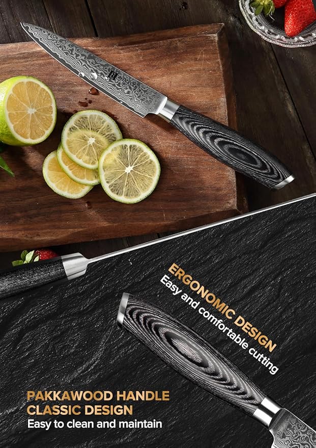 XINZUO Paring kitchen Knife, 5 Inch Super Sharp Damascus Steel Petty Knife, Fruit Knife, Pakkawood Handle, Gift Box