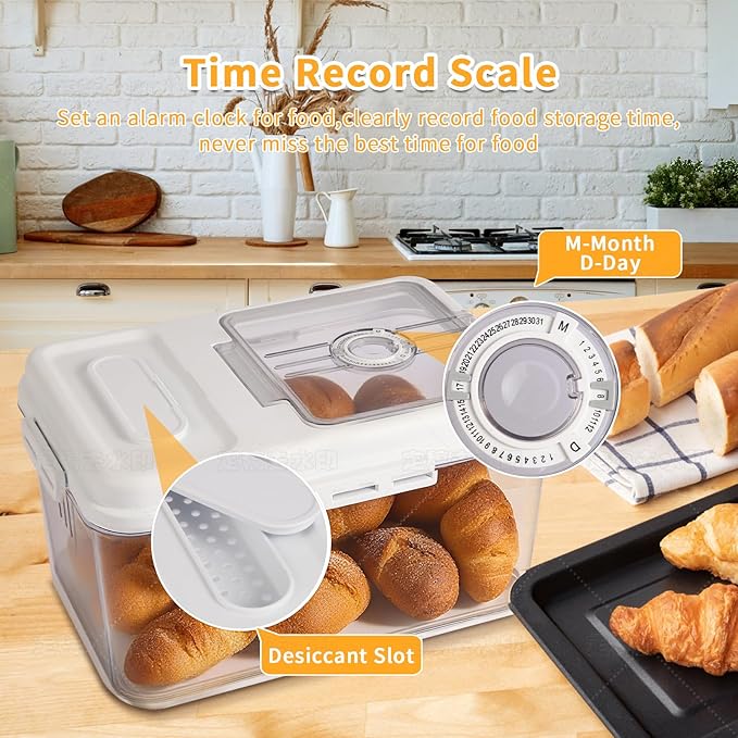 Bread Box For Kitchen Countertop With Bread Clip, Airtight Bread Storage Container, Time Recording Bread Keeper with Lid For Homemade Breads, Toast, And Cookies, White Bread Holder.