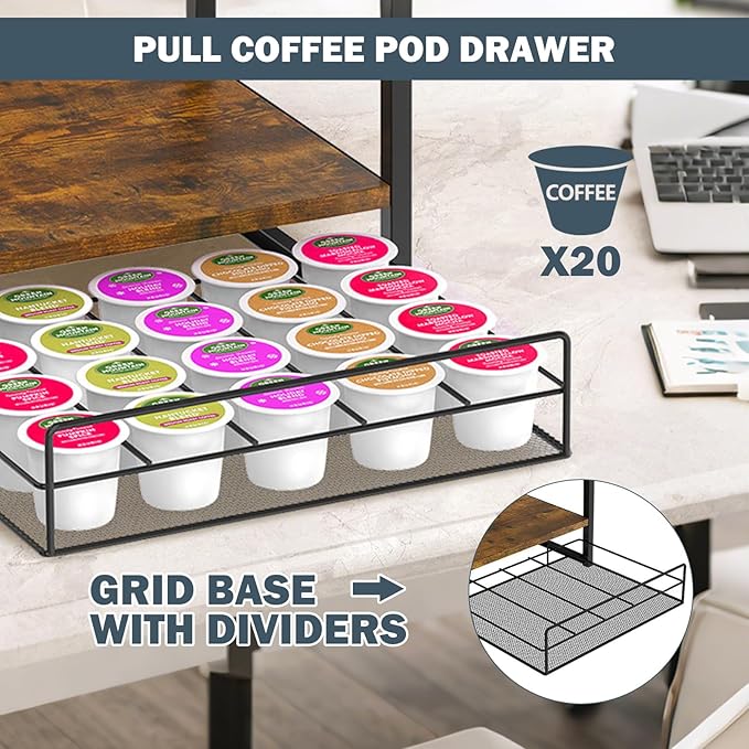 Coffee Bar Organizer,3 Tier K Cup Holder for Counter,Coffee Pod Drawer Holder with 12 Mug Hooks,K Cup Drawer Organizer for Syrup,Tea,Bean,Coffe Bar Accessories for Kitchen&Home Office