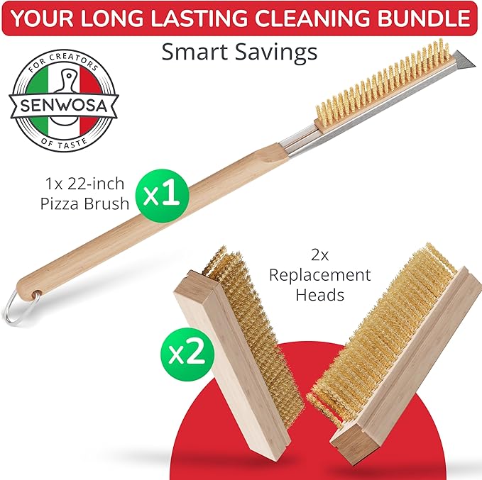 Pizza Oven Cleaning Bundle - 3-Piece Set with 22-Inch Brush, Integrated Scraper & 2 Replacement Heads
