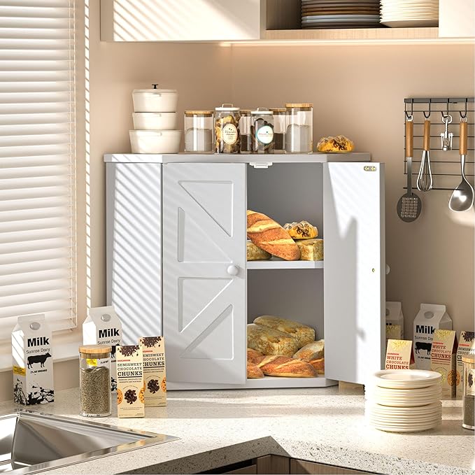 Corner Bread Box for Kitchen Countertop,Storage Container for Homemade Bread, Double Layer BreadBox, Large Capacity Bread Storage Bin, Vintage Farmhouse Breadbox Organizer,White