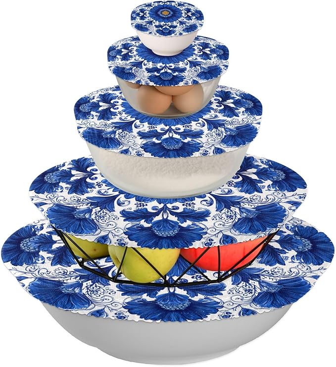5 Pcs Bowl Covers Reusable in 5 Size Elastic Food Cover Cloth Lids Fresh Keeping Dish Cookware Bakeware Fabric Covers Lids for Food Leftovers Fruits Storage Blue and White Sunflowers