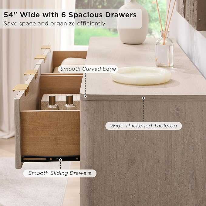 T4TREAM Fluted 6 Drawers Dresser, 54" Wide Modern Chest of Drawers, Curved Profile Design, Dresser TV Stand, Wood Drawer Organizer for Bedroom, Living Room, Hallway, White Alder