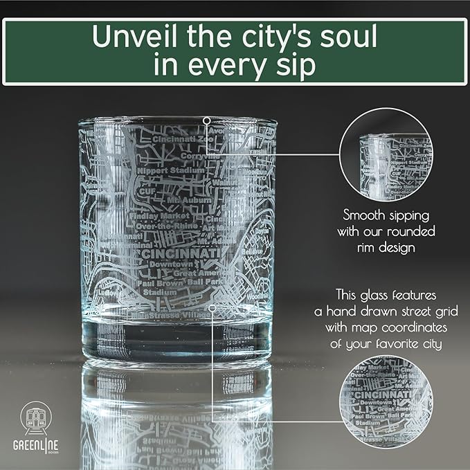 Greenline Goods Whiskey Glasses - 10 Oz Tumbler Set for Cincinnati lovers, Etched with Cincinnati City Map Old Fashioned Rocks Glass - Set of 2