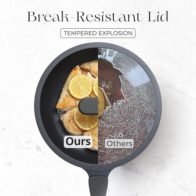 PRICUSIS Nonstick Ceramic Frying Pan with Lid, 8/10 Inch Skillet with Stay Cool Handle, Fully Coated, Induction Compatible & Oven Safe, 100% Dishwasher Safe, PTFE & PFOA Free（8 Inch, Black Sesame）