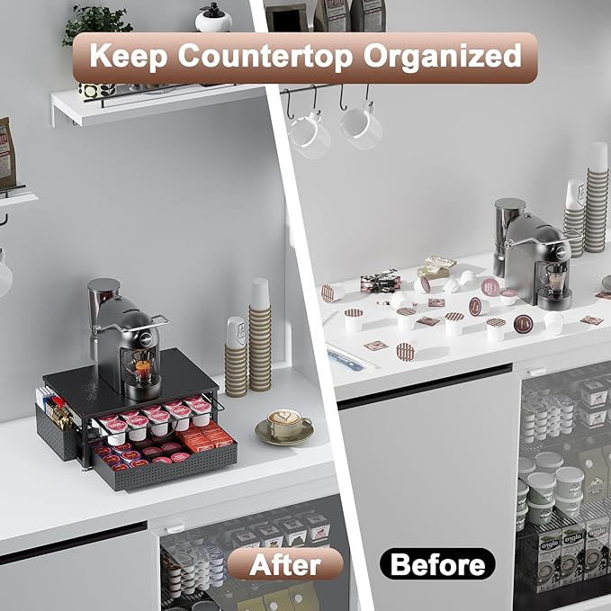 K Cup Holder, Coffee Pod Holder with 2 Tier Sliding Storage Drawer and 1 Hanging Basket for 51 Large or 73 Small Capsule,K Cup Coffee Station Organizer Accessories for Counter,Home,Office,Kitchen