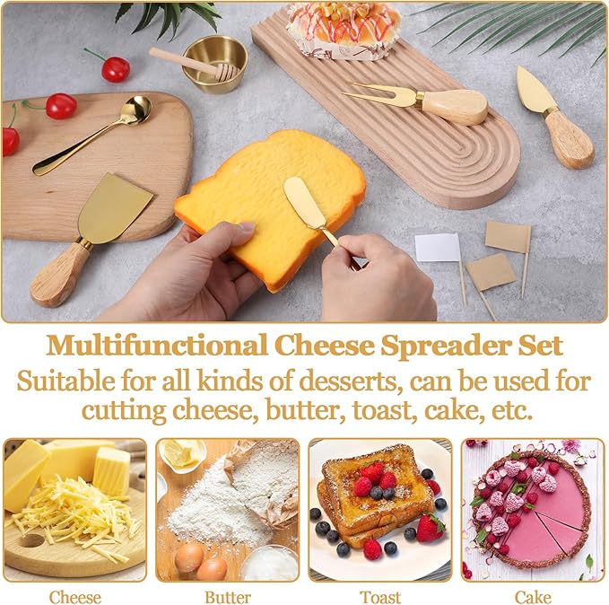 48Pcs Charcuterie Boards Accessories Gold Charcuterie Utensils Butter Spreader Knives Set Stainless Steel Cheese Mini Serving Tongs Spoons Forks Dipping Bowls Toothpick Flags Utensil for Pastry Making
