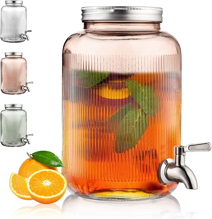Berglander Glass Drink Dispenser for Fridge, 1 Gallon Beverage Dispenser with Leakproof Stainless Steel Spigot, Water, Laundry Detergent, Juice Dispenser for BBQ, Picnic, Parties and Events (Pink)