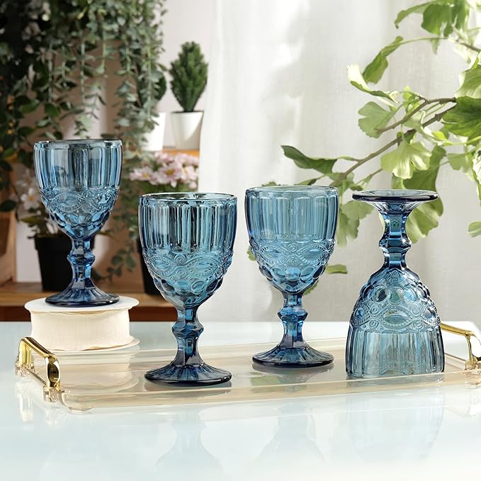 Joeyan Blue Vintage Wine Glasses,Clear Water Goblet Glasses,Stemmed Drinking Glasses with Embossed Pattern,Colored Glassware Set for Wedding Party Banquet Feast,10 oz,Set of 4,Dishwasher Safe