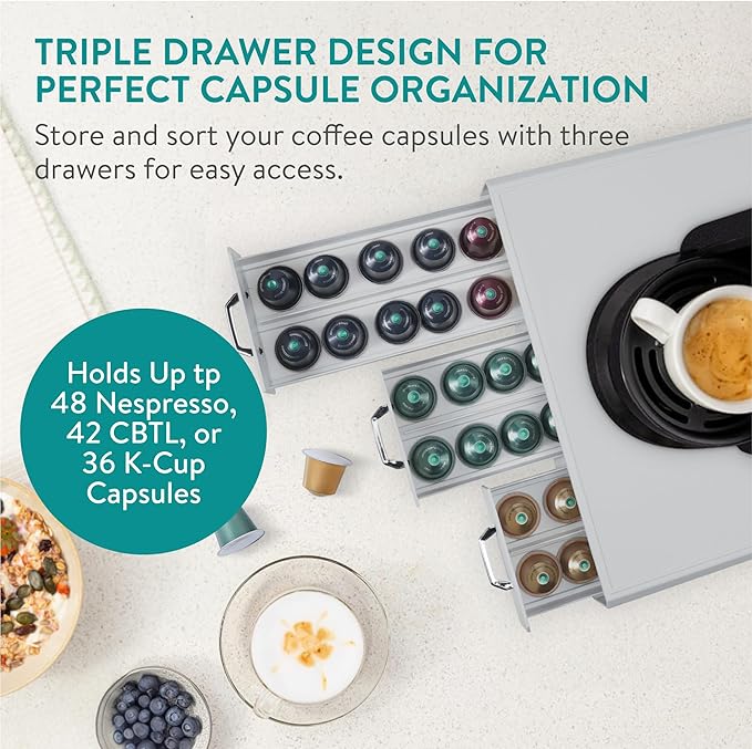 Navaris Coffee Capsule Triple Drawer - Coffee Pod Storage Drawer - Space-Saving Coffee Pods Organizer for Your Kitchen - Coffee Holder for Countertop - Fits Up to 48 Cups -Gray