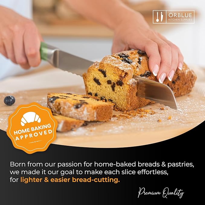 Orblue Serrated Bread Knife with Upgraded Stainless Steel Razor Sharp Wavy Edge Width - Bread Cutter Ideal for Slicing Homemade Bread, Bagels, Cake (8-Inch Blade with 5-Inch Handle) Green