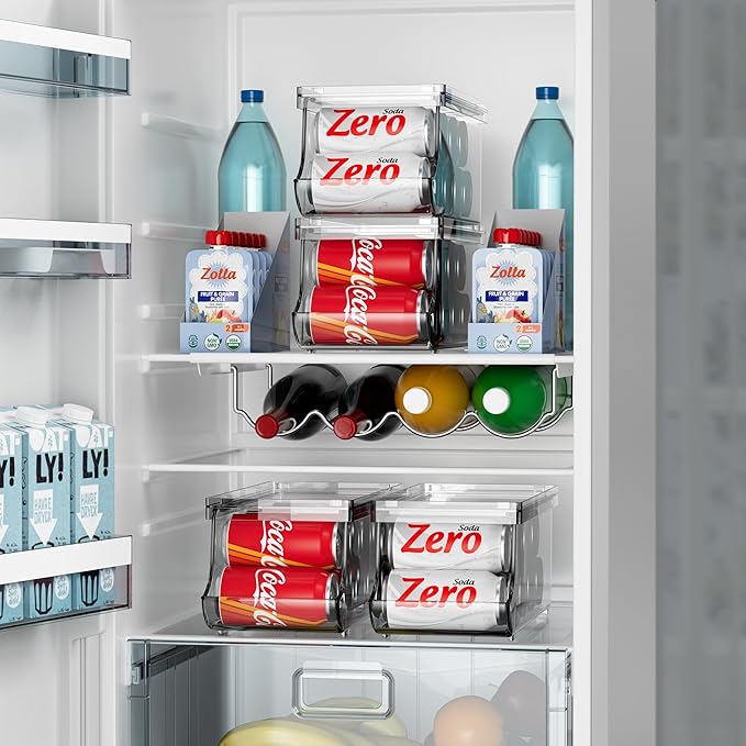 Set of 2 Stackable Drink Can Organizer for Fridge, Freezer, Kitchen, Countertops, Cabinets - Soft Drink Holder for Refrigerator with Lid, Soda Can Dispenser, BPA Free, Holds 9 Cans Each