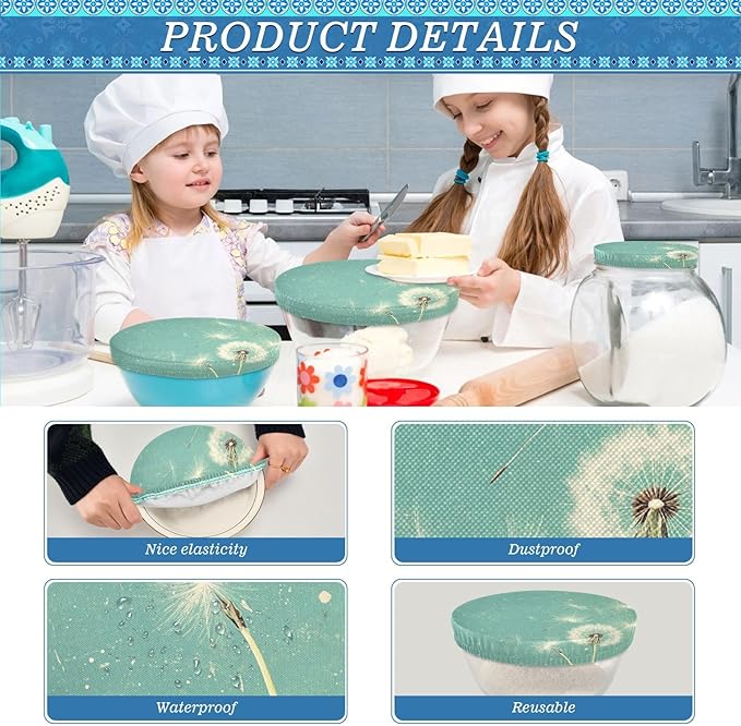 5 Pcs Bowl Covers Reusable in 5 Size Elastic Food Cover Cloth Lids Fresh Keeping Dish Cookware Bakeware Fabric Covers Lids for Food Leftovers Fruits Storage Teal Dandelion Flowers