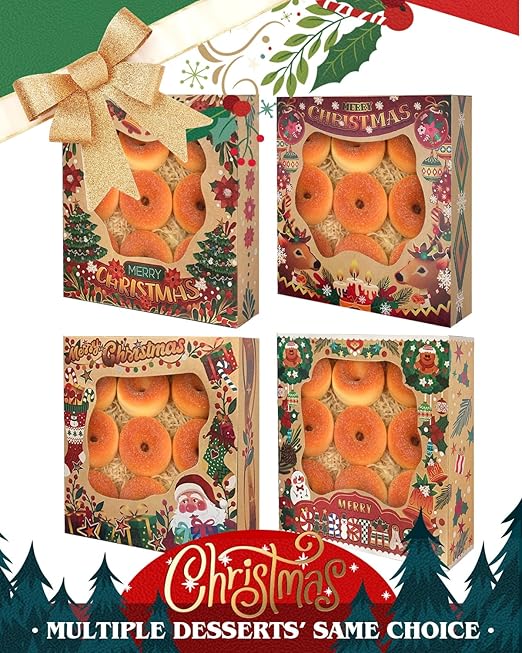 qiqee Christmas Kraft Pie Boxes with Window 10x10x2.5 inch 30Packs Cookie Donut Bakery Box
