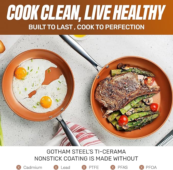 Gotham Steel 12 Pc Ceramic Cookware Set Nonstick, Ceramic Pots and Pans Set Non Stick with Steamer for Cooking, Non Toxic PFOA PFOS Free, Ergonomic Stay Cool Handles, Oven & Dishwasher Safe, Copper