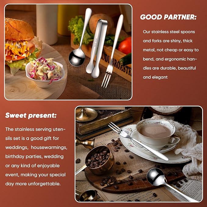 Cunhill 24 Pcs Charcuterie Accessories Mini Cocktail Tongs Small Serving Spoons and Appetizer Forks Stainless Steel Tongs Charcuterie Utensils for Valentine Party Supplies(Circular Spoon,Silver)