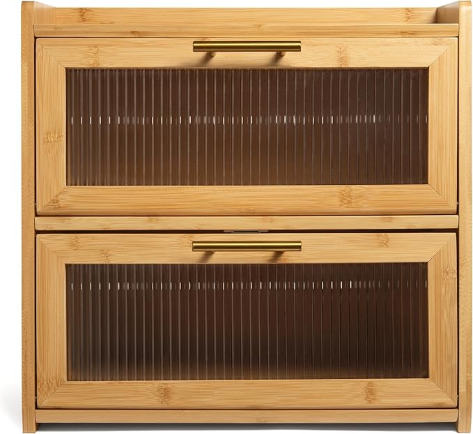 Bamboo Bread Box for Kitchen Countertop, Large Dual-Layer Breadbox Provides Double the Bread Storage Space, Holds Multiple Loaves, Durable & Beautiful with Frosted Acrylic Panels