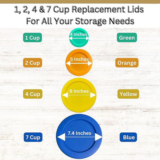 1, 2, 4 & 7 Cup Green, Orange, Yellow, Blue Replacement Lids/Covers for Pyrex, Anchor Hocking & KlareWare Storage Bowls *Lids Only Glass Container Not Included* (4 Pack *One of Each Size*)