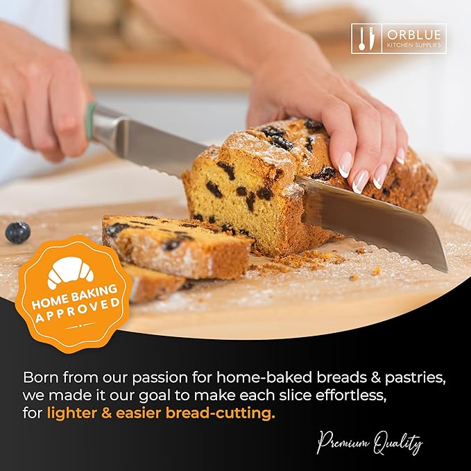 Orblue Serrated Bread Knife with 10-inch Upgraded Stainless Steel Razor Sharp Wavy Edge Width - Bread Cutter Ideal for Slicing Homemade Bagels and Cake, Green