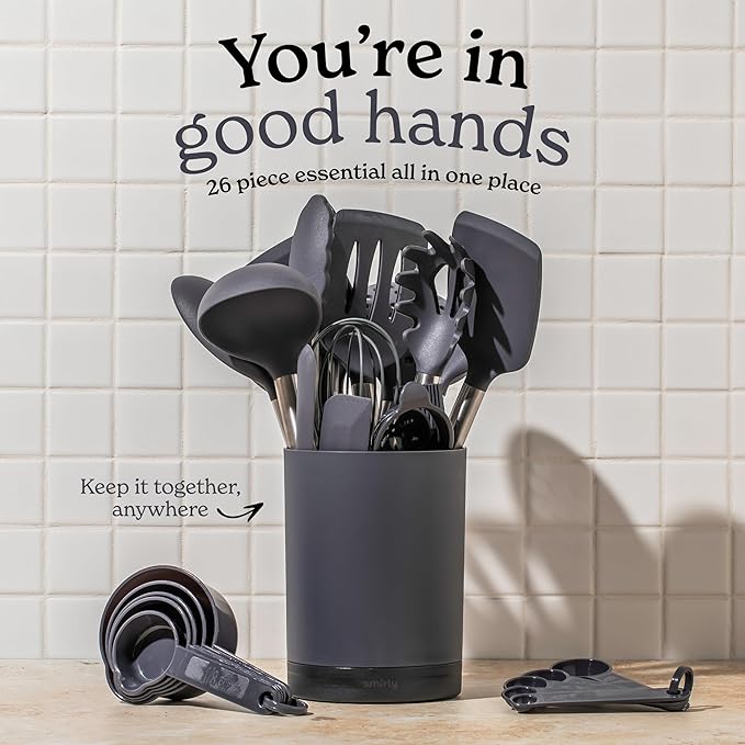 SMIRLY Kitchen Utensils Set – 26-Piece Silicone Cooking Utensils Set, Spatula Set with Holder, Stainless Steel Handle Silicone Kitchen Gadgets for Nonstick Cookware