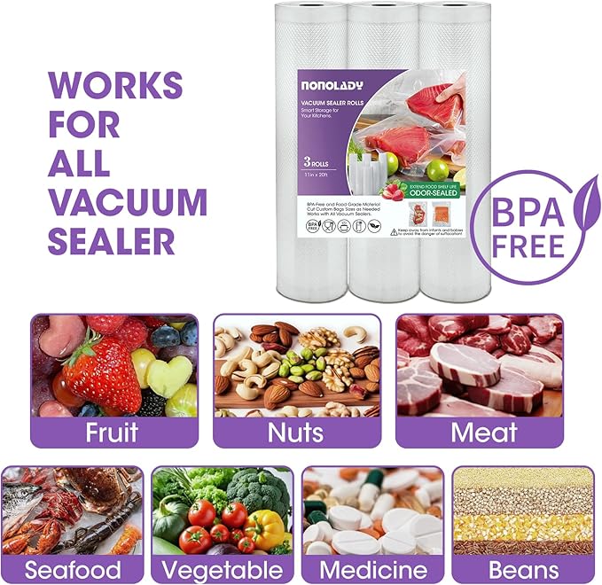 Vacuum Sealer Bags Rolls for Food, 3 Rolls 11" x 20' Commercial Grade BPA Free, Heavy Duty Puncture Prevention for Sous Vide, Meal Prep, Vac Storage with Freezer Use (Customized Size)