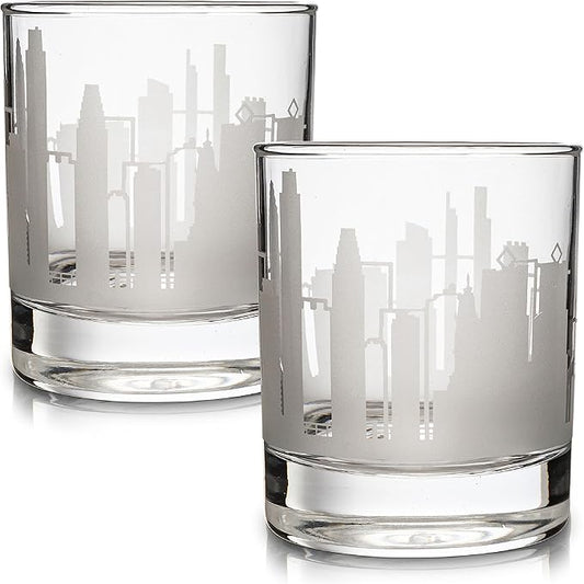 Greenline Goods Skyline Etched Philadelphia Whiskey Glasses Gift (Set of 2) | Old Fashioned Tumbler – For Philadelphia Lovers - City Accessories and Souvenirs - Philadelphia Glassware Decor