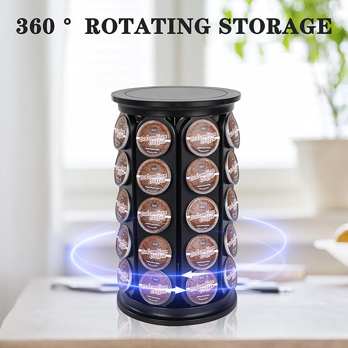 Coffee Pod Holder, Holds 40 K Cup Coffee Capsules, Large Capacity Round Organizer with 360-Degree Rotation, Black