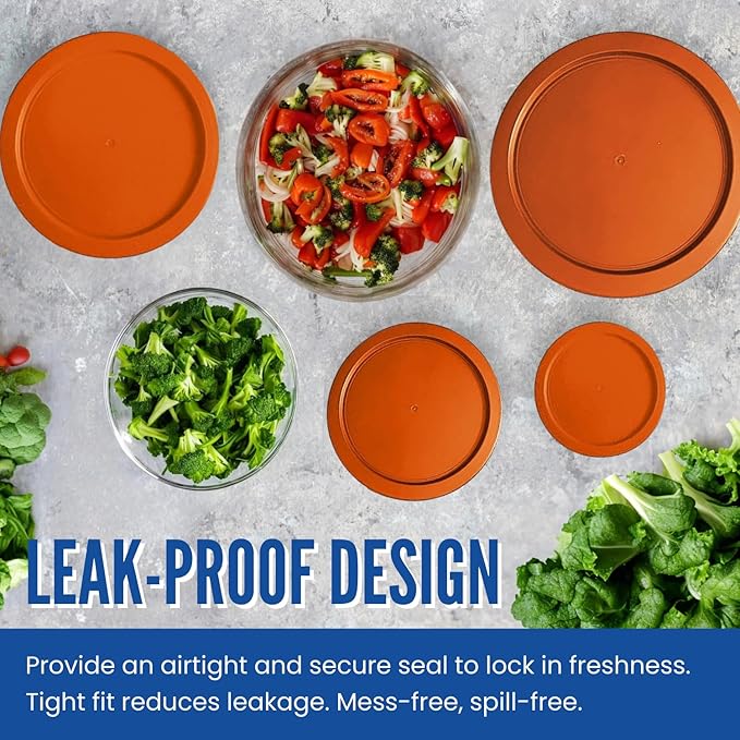 Replacement Lids for Pyrex 2-Cup Glass Food Storage Container Bowls, 5-Inch Plastic Round Lids Covers fits Pyrex 7200-PC, Airtight & Leakproof (2-Pack, Orange)