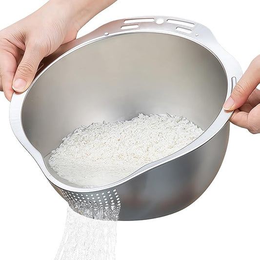 Rice Washer Strainer Bowl - 4-in-1 Washing Bowl for Quinoa, Stainless Steel Side Drainers Colander for Cleaning and Rinsing Fruits, Vegetables, and Beans - Versatile Kitchen Tool