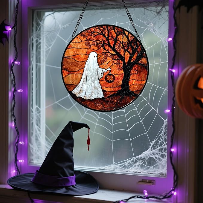 Stained Glass Window Hanging - Halloween Ghost Holding A Pumpkin Lantern Suncatcher for Door Garden Spooky Tree Sun Catchers Gothic Decorations Horror Gifts for Women Men Friend 11.8 in