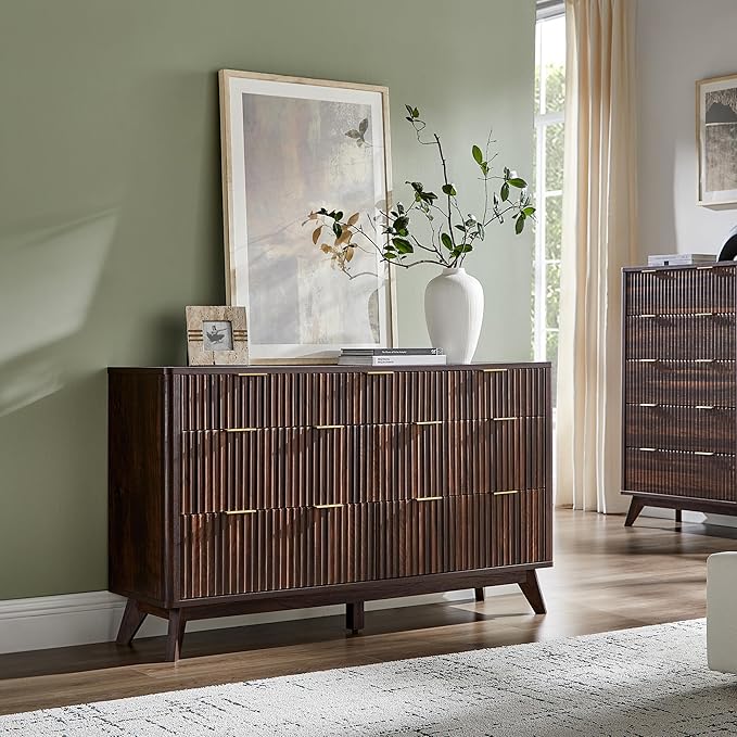 T4TREAM Fluted 7 Drawers Dresser, 54" Wide Modern Chest of Drawers, Curved Profile Design, Dresser TV Stand, Wood Drawer Organizer for Bedroom, Living Room, Hallway, Dark Walnut