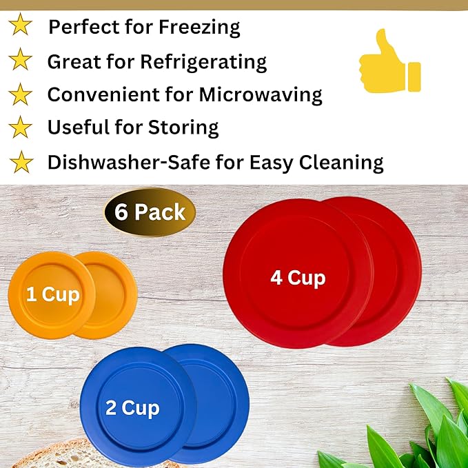 1, 2 & 4 Cup Orange, Blue, Red Replacement Lids/Covers for Pyrex, Anchor Hocking & KlareWare Storage Bowls *Lids Only Glass Container Not Included* (6 Pack *Two of Each Size*)