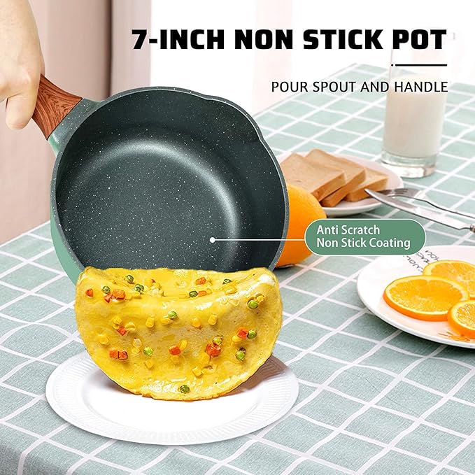 2 Quart Nonstick Saucepan with Lid, Non Stick Ceramic Saucepan Pot for Cooking with Pour Spout and Handle for Stove, Induction, Gas, Non Toxic, PFOA Free (Green with Black Inside, 1 PCS)