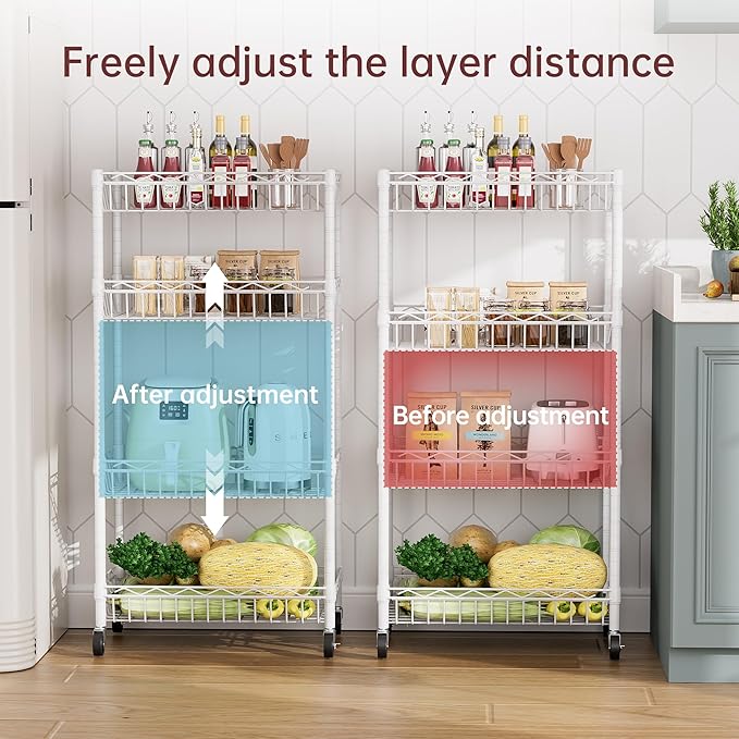 SINGAYE 4 Tier Basket Shelf Wire Shelving Unit Adjustable Storage Shelves Big Basket Rack for Garage Kitchen Office Pantry Corner 17" Dx12 Wx50 H White