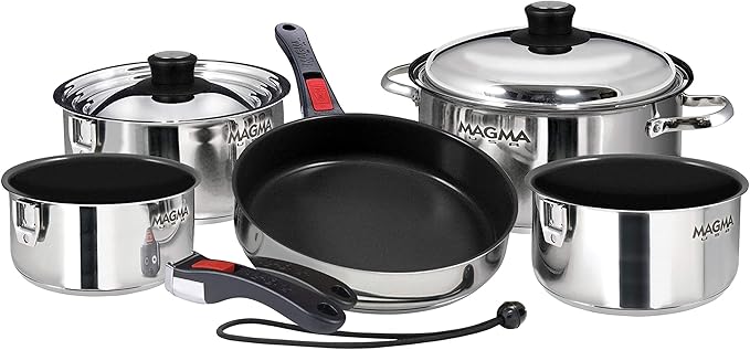 Magma 10 Piece Gourmet Nesting Stainless Steel Cookware Set with Ceramica Non-Stick, Induction Compatible, Oven Safe to 500°F - Suitable for All Stovetops, Removable Handles, Silver