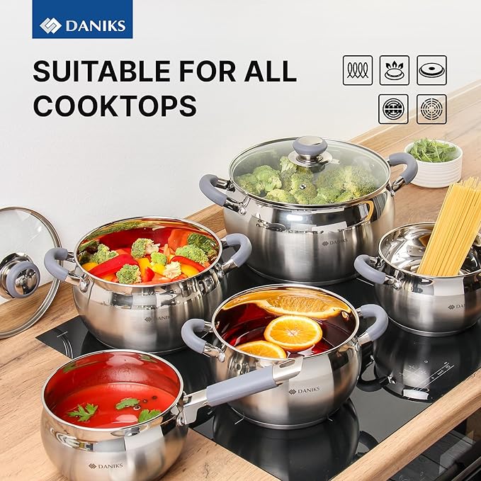 Daniks Modern 10-Piece Stainless Steel Induction Cookware Set – Dishwasher Safe Saucepan, Pots with Heatproof Handles, Glass Lids, Silver