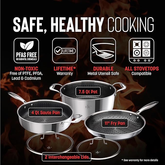 Hell's Kitchen Hybrid 5 Pc Cookware Set, Tri-Clad Stainless Steel and Nonstick Ceramic, PFAS Free, no PFOA, no PTFE, no Teflon, Non Toxic Cookware, Metal Utensil Safe, All Cooktops and Oven Safe