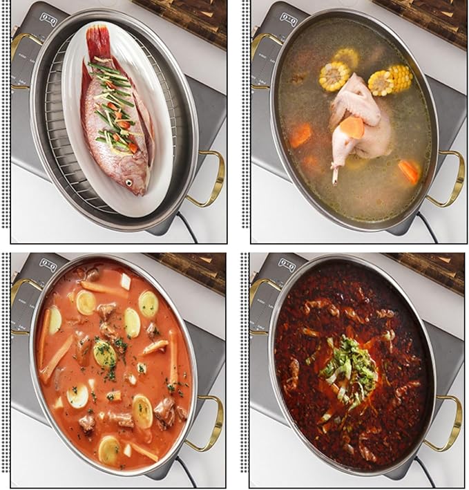 Stainless Steel Fish Steamer Set,Multi-Use Oval Steamer Pot with Glass Lid Rack, Ceramic Plate, Chuck, Steaming Pot for Fish, Oyster,Boiling Soup 15 x 9.8 inches