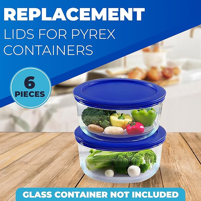 Replacement Lids for Pyrex Containers Round Glass Food Plastic - (2) 2-Cup Light Blue, (2) 4-Cup Blue, (2) 7-Cup Navy - BPA-Free, Dishwasher & Microwave Safe