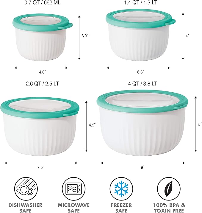 Oggi Prep, Store & Serve Plastic Bowl w/See-Thru Lid- Dishwasher, Microwave & Freezer Safe, (0.7 qt) White/Aqua