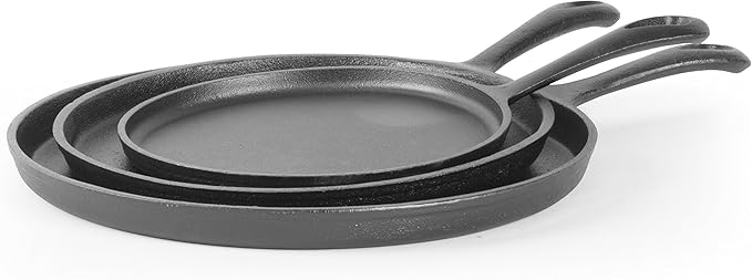 Commercial CHEF Round Cast Iron Griddle Pan 3-Piece Set – 8-inch, 10-inch, and 12-inch - Pre-seasoned Griddle Cast Iron Cookware