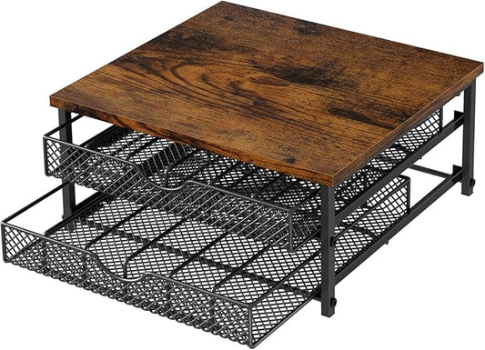 Coffee Pod Drawer K Cups Organizer 2-Tier Coffee Pod Storage Holder with Drawer Baskets 72 Capacity Coffee Capsule Storage Organizer Drawer, Industrial Brown and Black